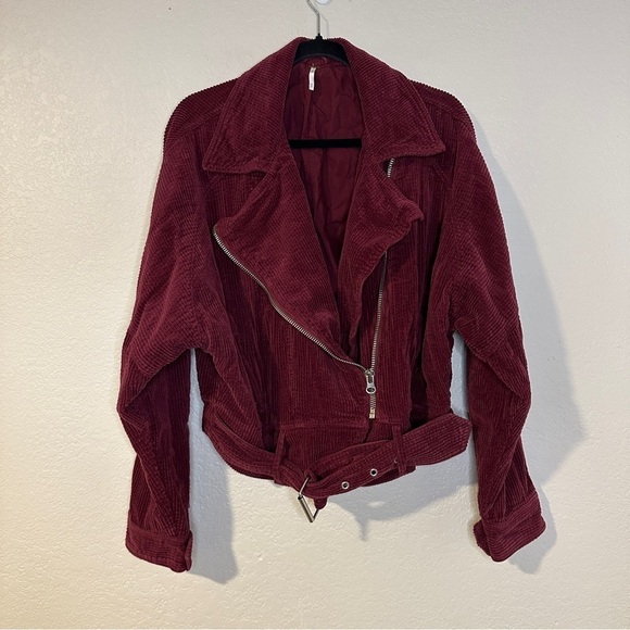 Free People Dolman Corduroy Moto Jacket Asymmetrical Zipper Boho Burgundy - Picture 2 of 9